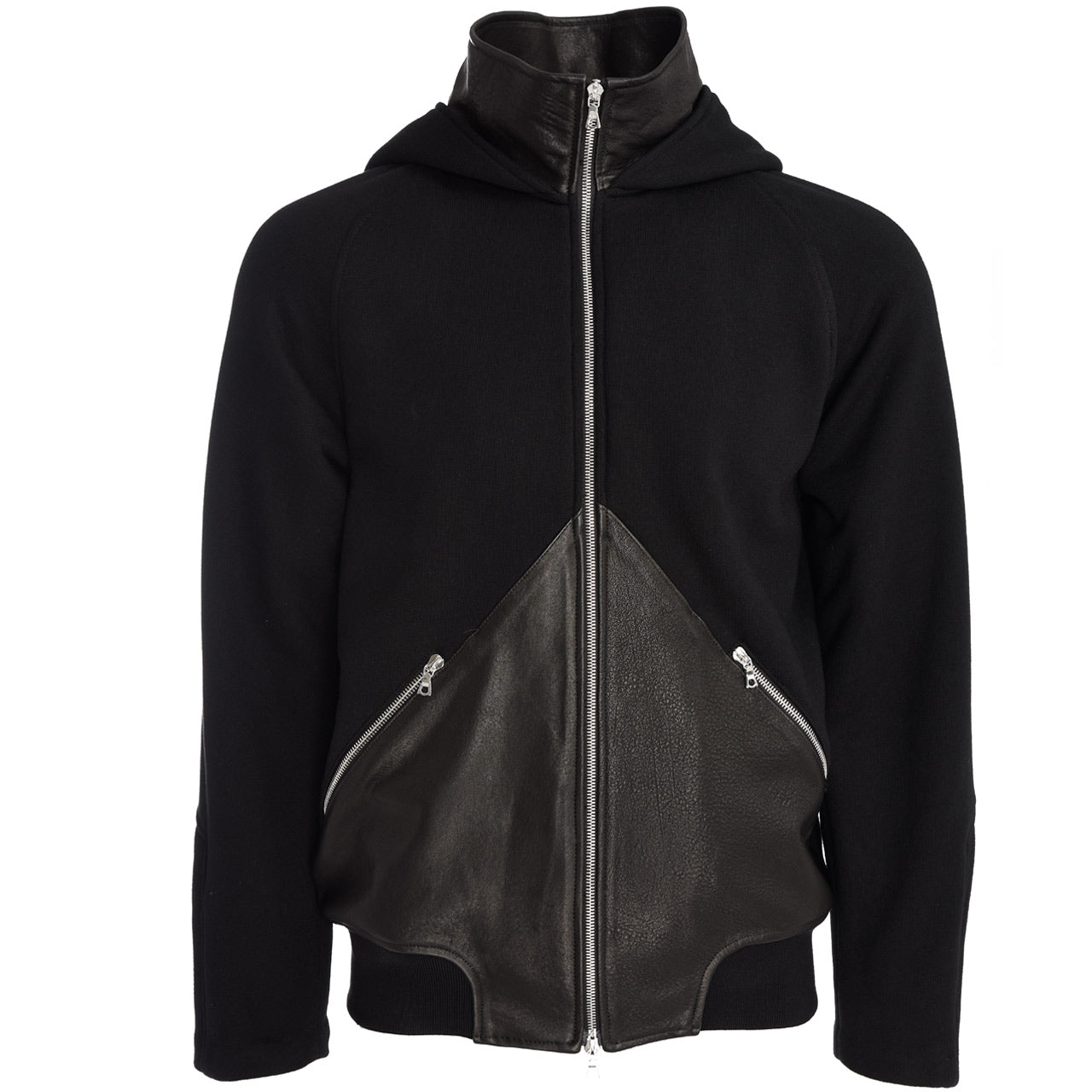 MOCK NECK LEATHER BLOCKED HOODIE